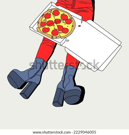 Minimal fashion flat vector illustration. Pizza addict girl. Pizza lover concept