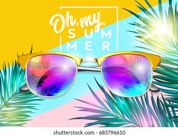 Minimal Fashion Vector Design. Yellow Sunglasses on Striped Pastel Background with Tropical Palm Leaves. Creative Pop Art Style. Summer Illustration with Oh, my Summer Text. Top View.