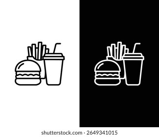 Minimal Fast Food Icon – Burger, Fries, and Drink in Line Style

