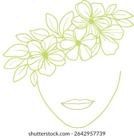 Minimal female face line art with floral crown featuring blooming flowers and leaves. Perfect for beauty salon branding, fashion posters, feminine design, or nature-inspired  prints.
