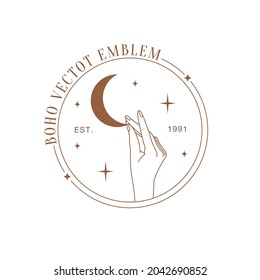 Minimal female hand logo in linear style. Women's hand with moon and stars. Vector linear boho icon for handmade products, jewelry, cosmetics, wedding concept illustrations etc. Branding.