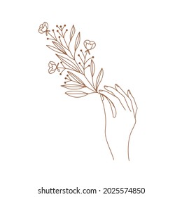 Minimal female hand logo in trendy linear style. Women's hand with branch and flowers. Vector linear boho icon for handmade products, jewelry, cosmetics, wedding concept illustrations etc. Branding.