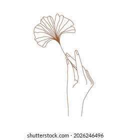 Minimal female hand logo in trendy linear style. Women's hand with ginkgo biloba leaves. Vector linear boho icon for handmade products, jewelry, cosmetics, wedding concept illustrations etc. Branding.