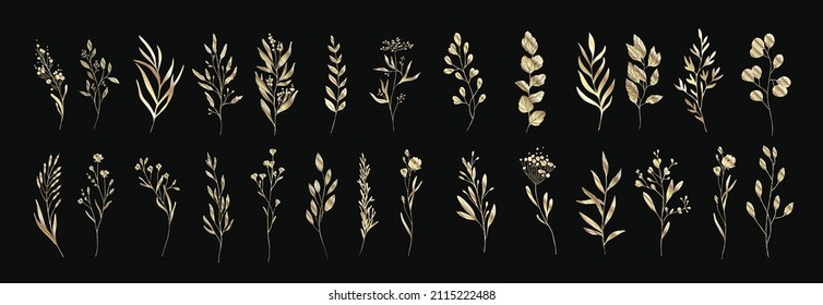 Minimal feminine botanical floral branch in silhouette style. Hand drawn wedding herb, minimalistic flowers with elegant leaves. Botanical rustic trendy greenery vector