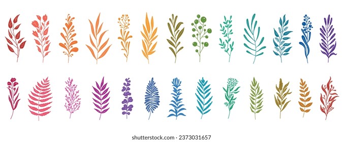 Minimal feminine botanical floral branch in silhouette style. Hand drawn wedding herb, minimalistic flowers with elegant leaves. Botanical rustic trendy greenery vector