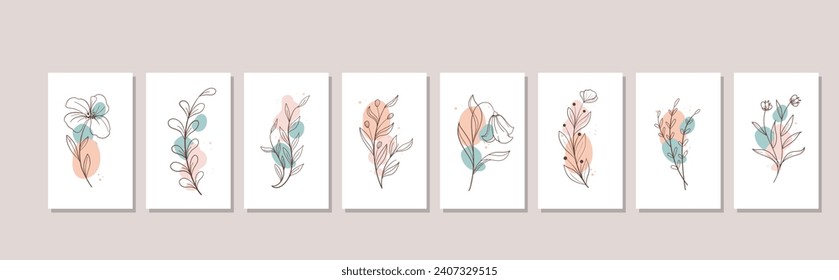Minimal feminine botanical floral branch in silhouette style. Hand drawn wedding herb, minimalistic flowers with elegant leaves. Botanical rustic trendy greenery vector