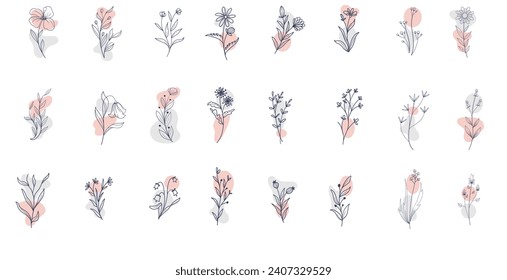 Minimal feminine botanical floral branch in silhouette style. Hand drawn wedding herb, minimalistic flowers with elegant leaves. Botanical rustic trendy greenery vector