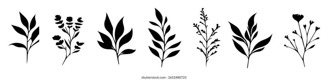 Minimal feminine botanical floral branch in silhouette style. Hand drawn wedding herb, minimalistic flowers with elegant leaves. Botanical rustic trendy greenery