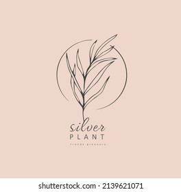 Minimal feminine floral monogram and logo. Hand drawn wedding herb, elegant leaves. Botanical rustic trendy greenery vector