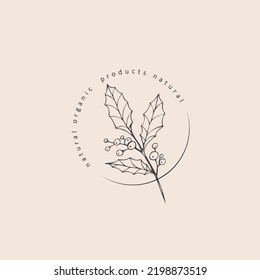 Minimal feminine floral monogram and logo. Hand drawn wedding herb, elegant leaves. Botanical rustic trendy greenery vector illustration