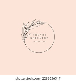 Monogramme et logo floral féminin minimal. Herbe de mariage dessinée à la main, feuilles élégantes. Image vectorielle botanique rustique et tendance