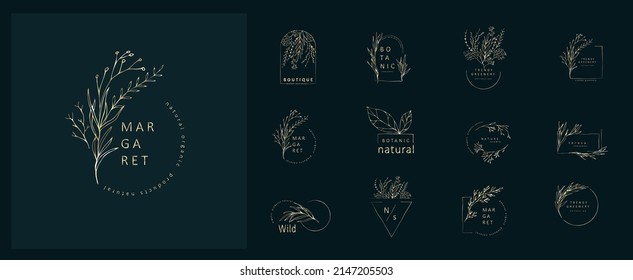 Minimal feminine golden floral monogram and logo. Hand drawn wedding herb, elegant leaves. Botanical rustic trendy greenery vector illustration