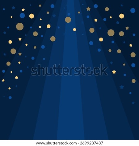 Minimal festive background in dark blue tones with golden and blue confetti under soft spotlight beams. Perfect for celebration posters, invitations, event banners, and holiday design projects.