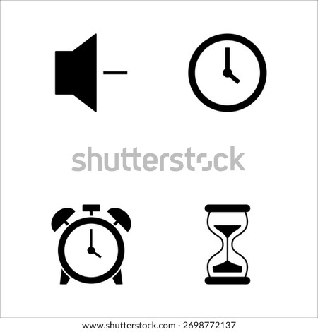 Minimal filled black collection of common time and sound symbols.