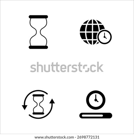 Minimal filled black collection of time, hourglass, and global symbols.