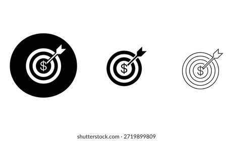 Conjunto de iconos de objetivo financiero mínimo con objetivo de dólar en ilustración de estilos sólidos y de contorno aislados sobre fondo blanco para el App de logotipos de finanzas comerciales y diseño de impresión