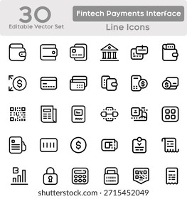 Conjunto de iconos de interfaz de fintech y pagos mínimos para Web y App UI, con 30 iconos de línea limpios y modernos relacionados con las finanzas digitales y los sistemas de pago. Incluye símbolos como billetera, pago, transacción, Factura, tarjeta de crédito, transferencia de dinero, banco, cambio de divisas, pago móvil, Comprobante, código de barras, código QR, billetera digital, banca en línea, pago seguro, reembolso, facturación, Completar compra, presupuesto, ahorros, App financiero y panel financiero. Diseñado con un peso de carrera constante, tapas de línea redondeadas, negro monocromo sobre fondo blanco. Perfecto para fintech, banca, comercio electrónico y proyectos de tecnología financiera que requieren íconos profesionales, escalables y amigables con el Vector.