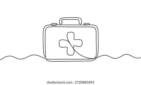 Minimale Liniengrafik des Erste-Hilfe-Kits mit medizinischem Kreuz einfache handgezeichnete Kontur, Vektordesign einzeln auf weißem Hintergrund für Gesundheitssicherheitskonzepte