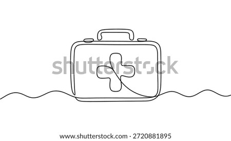 Minimal first aid kit line illustration with medical cross simple hand drawn outline vector design isolated on white background for healthcare safety concepts