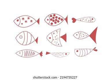 Minimal fish icons showing aquatic animals with various fins, scales, tails and gills swimming in water, as a skeleton or in a bowl