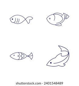 Minimale Fischsymbole, die Wassertiere mit verschiedenen Flossen, Waagen, Schwänzen und Kiemen zeigen, die im Wasser, als Skelett oder in einer Schüssel schwimmen. Dünne Linie Kunst über Fisch. Bearbeitbarer Stroke. Fisch-Symbol-Linie. EPS10