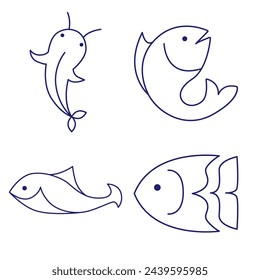 Minimale Fischsymbole, die Wassertiere mit verschiedenen Flossen, Schuppen, Schwänzen und Kiemen zeigen, die im Wasser, als Skelett oder in einer Schüssel schwimmen. Dünne Linien über Fische. Bearbeitbarer Strich. Fischsymbol-Linie. EPS 10