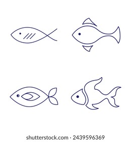 Minimale Fischsymbole, die Wassertiere mit verschiedenen Flossen, Schuppen, Schwänzen und Kiemen zeigen, die im Wasser, als Skelett oder in einer Schüssel schwimmen. Dünne Linien über Fische. Bearbeitbarer Strich. Fischsymbol-Linie. EPS 10