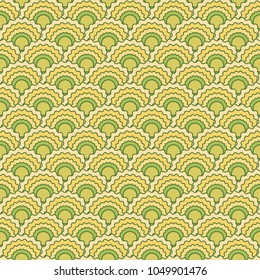 Minimal fish scales squama background, vector seamless fabric pattern, tiled textile print. Typical japanese squama scales seamless arc tiles mosaic. Textile pattern in green yellow.