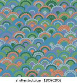 Minimal fish scales squama background, vector seamless fabric pattern, tiled textile print. Traditional japanese squama scales seamless arc tiles ornament. Wallpaper pattern.