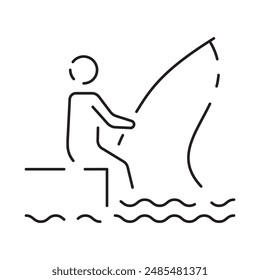 Minimal fishing icon of outdoor recreation including line, lure, lake, boat, dock, hook, pole, reel, worm, tackle box and clothing such as waders and a vest