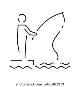 Minimal fishing icon of outdoor recreation including line, lure, lake, boat, dock, hook, pole, reel, worm, tackle box and clothing such as waders and a vest