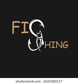 Minimal fishing logo on black background with hook and fish in S shape design Illustration