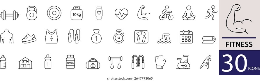 Minimal Fitness Line Icon Set 30 Clean Outline Designs for Gym, Workout, and Healthy Lifestyle Themes