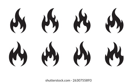 Minimal Flame Icon Collection – Black Fire Symbol Set for Digital Design, Logos, Tattoos, and UI Elements