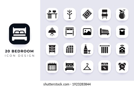 Paquete mínimo de iconos de dormitorio plano. En este paquete se incorpora con un icono de veinte habitaciones diferentes.