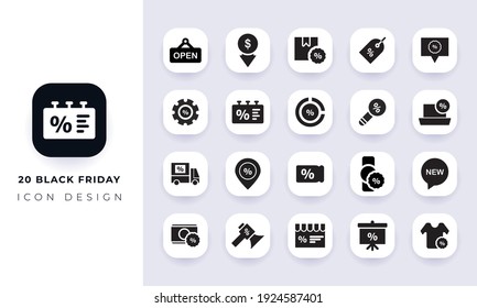 Paquete mínimo de iconos planos de viernes en negro. En este paquete se incorpora con 20 ícono de viernes negro diferentes.