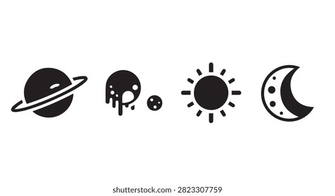 Minimal flat black icons representing planets sun moon asteroids and solar system objects
