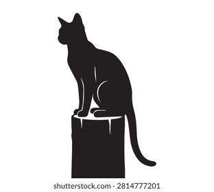 Minimal flat black silhouette of an Abyssinian cat sitting on a fence post with natural hanging tail.