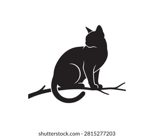 Minimal flat black silhouette of a British Shorthair cat sitting and looking backward over its shoulder.