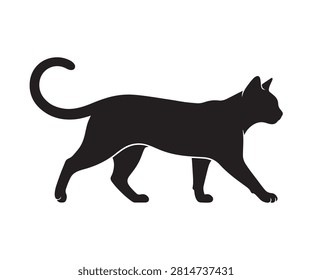Minimal flat black silhouette of a Burmese cat walking slowly with curved upward tail.