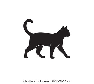 Minimal flat black silhouette of a Burmese cat walking confidently with curved raised tail.