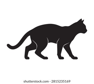 Minimal flat black silhouette of a cat landing gracefully after a jump.