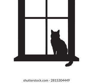 Minimal flat black silhouette of a cat perched on a windowsill looking outside.