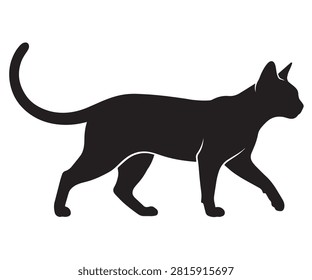 Minimal flat black silhouette of a confident Burmese cat walking with its tail curved upward.