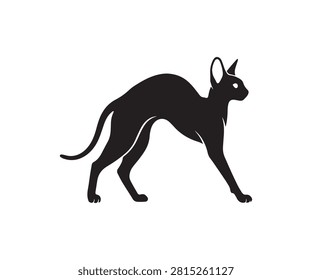 Minimal flat black silhouette of a Cornish Rex cat arching its back while stretching.