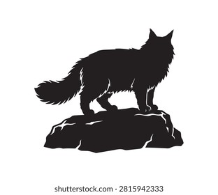 Minimal flat black silhouette of a Norwegian Forest cat standing proudly on a large rock.
