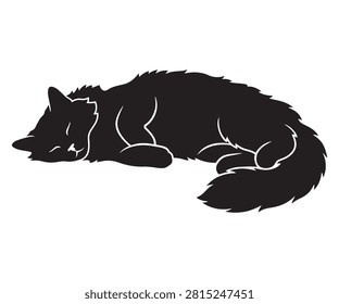 Minimal flat black silhouette of a Ragdoll cat sleeping peacefully on its side.