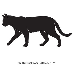 Minimal flat black silhouette of a Russian Blue cat walking gracefully with lowered head.