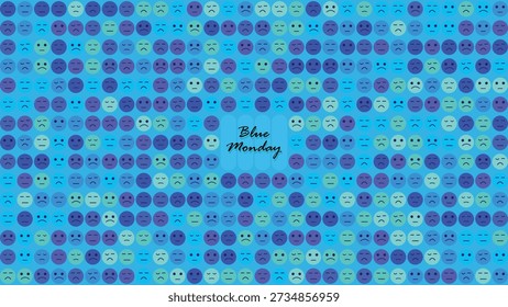 Patrón de Sentimiento de lunes azul plano mínimo con emoticones de cara triste Formas redondas Paleta de color azul vibrante y Espacio para texto central para el Web de Fondo de pantalla y el fondo de redes sociales