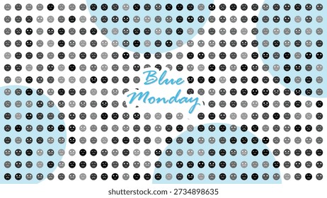 Minimal Flat Blue Monday Sad Emoticon Pattern Background con caras redondas negras y grises Soft Blue Accents Clean Grid Layout y Espacio para texto central para la campaña de salud mental